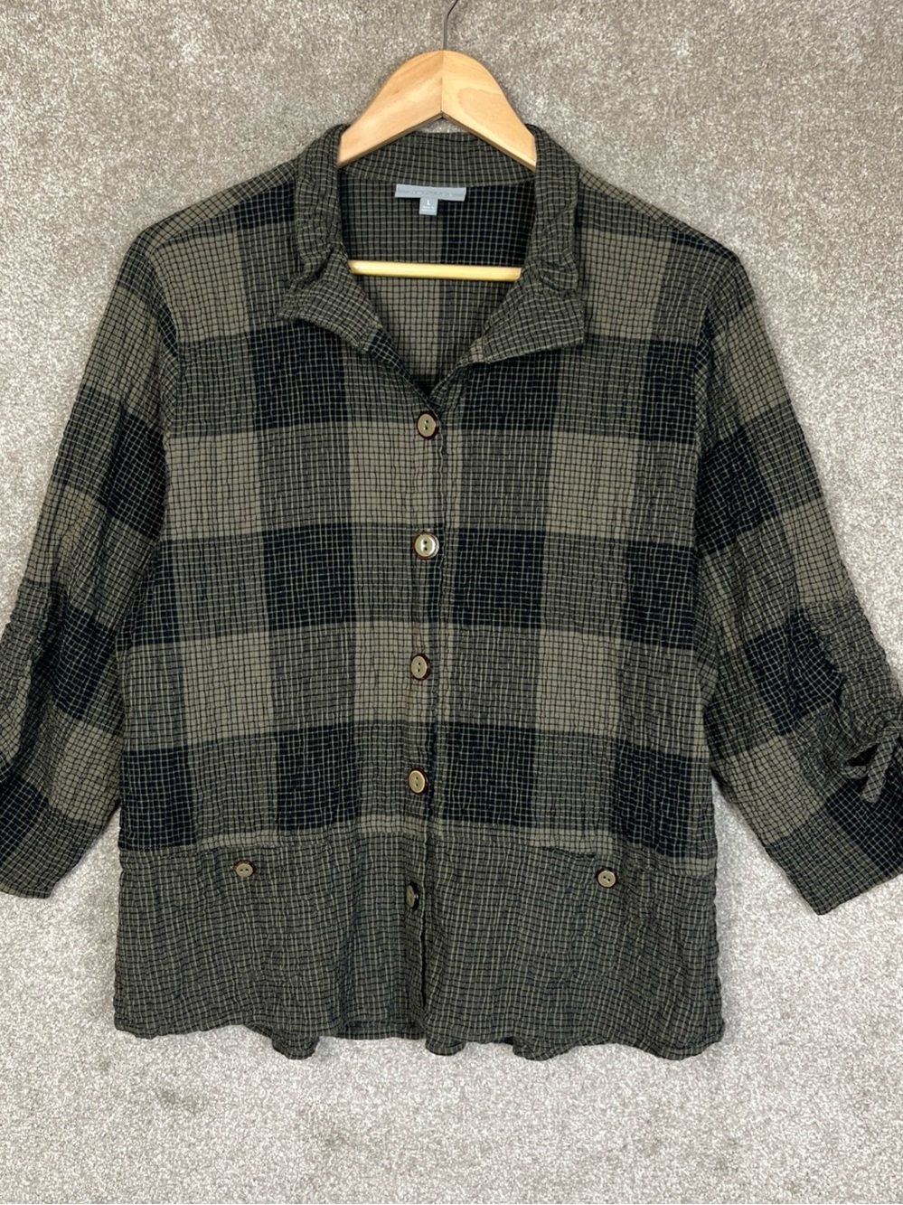 Habitat Shirt Womens Large Green Black Cotton Blend Button Front Pockets- 5388